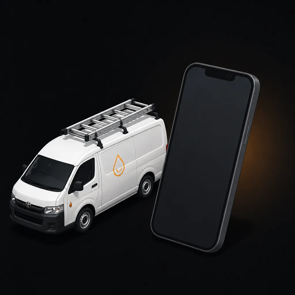 Isometric scene of a white tradie van beside a phone with an amber glow, showing quote follow-ups turning into a booked job.